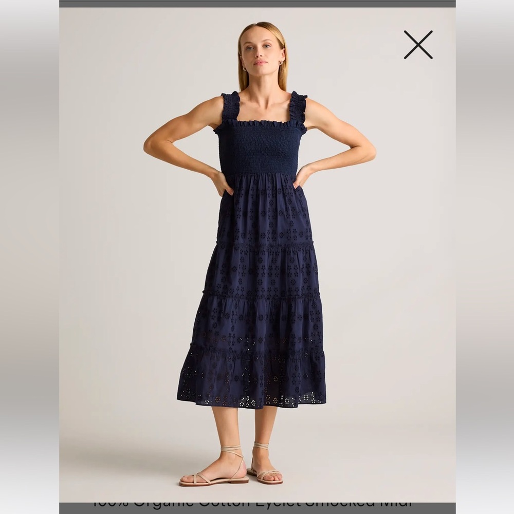 Quince 100% Organic Cotton Eyelet Smocked Midi Dress Sz M Deep Navy NEW